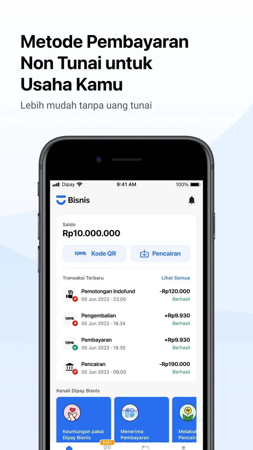 Dipay Bisnis merchant home with balance, QR code and recent transactions