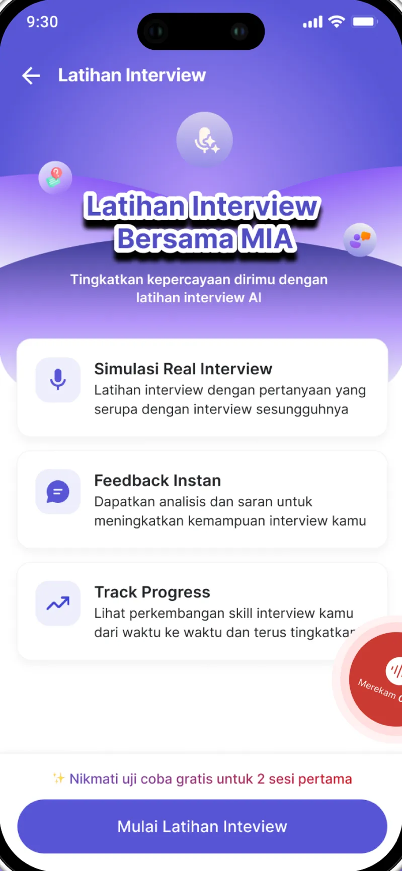 MIA AI interview practice: real interview simulation, instant feedback and progress tracking