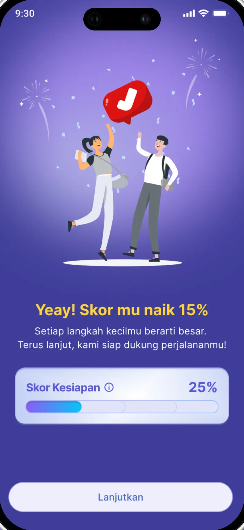 MIA readiness score screen celebrating a 15% score increase