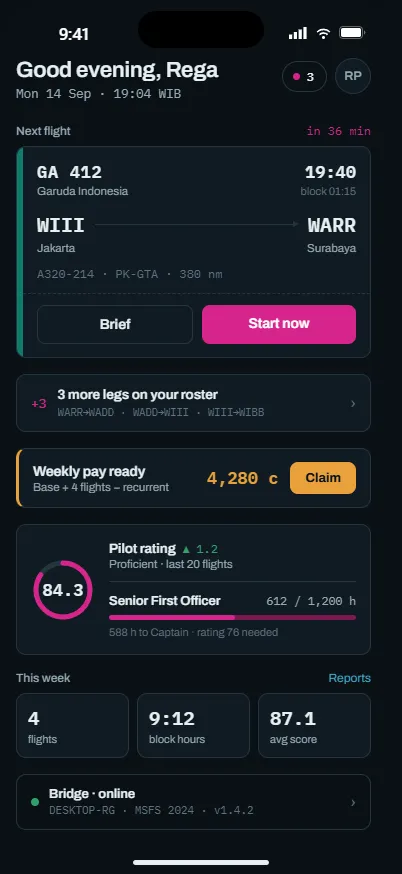 Rotate app home screen with the next flight, weekly pay and pilot rating